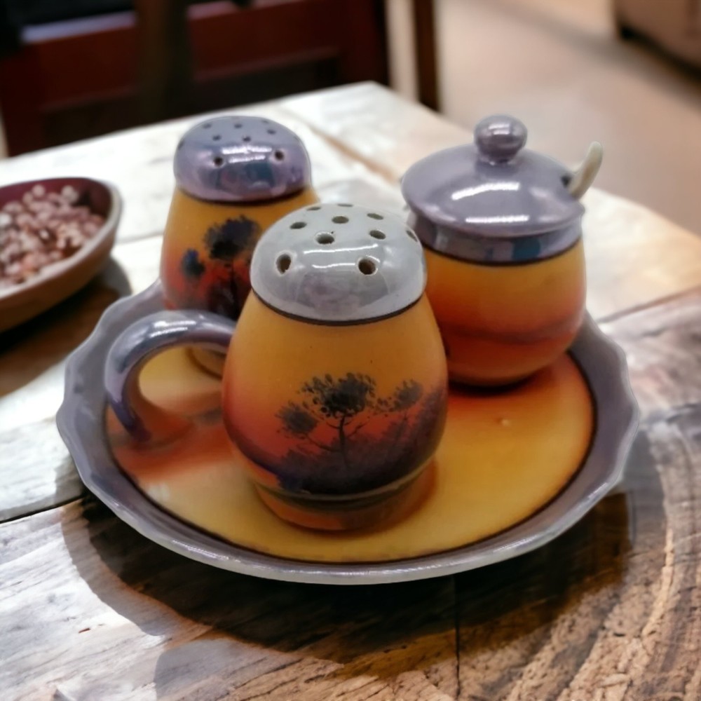 Sunset Japan Condiment Set Salt Pepper Shakers with Lid Jar & Spoon on Tray